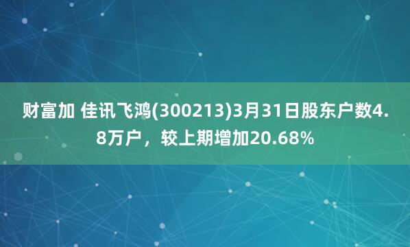 財富加 佳訊飛鴻(300213)3月31日股東戶數4.8萬戶，較上期增加20.68%